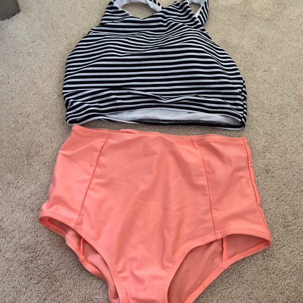 NWOT black/white/orange high waisted bathing suit